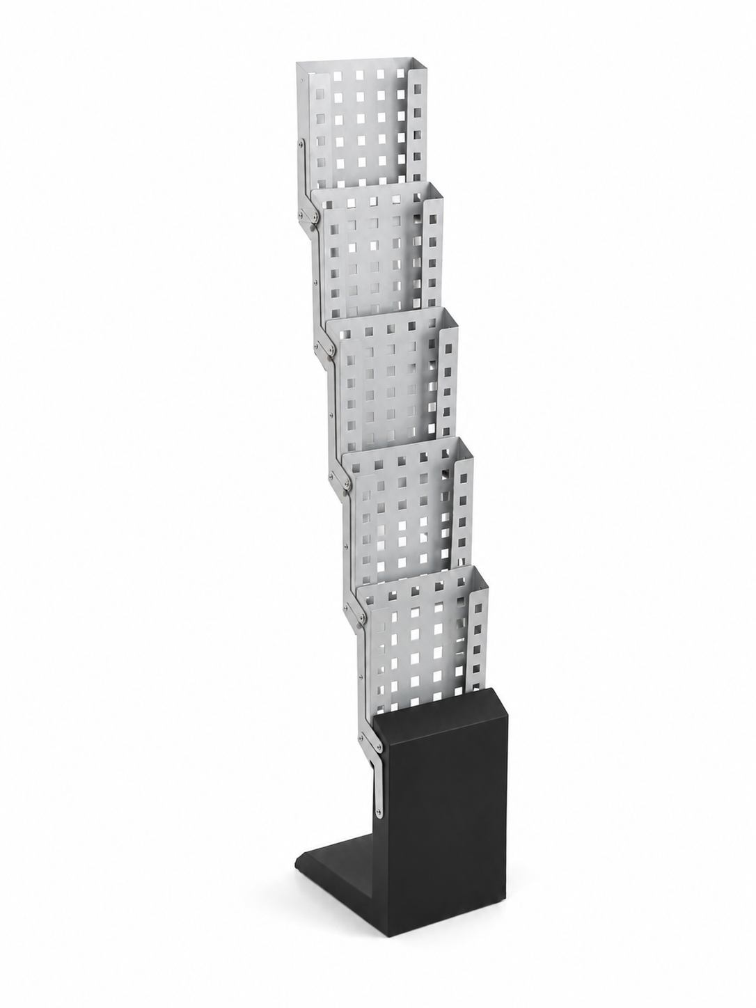 BGF Faltbarer Prospektständer A4, grau – 5 Fächer, Höhe 140 cm, mit Lochdesign, inkl. Tragetasche