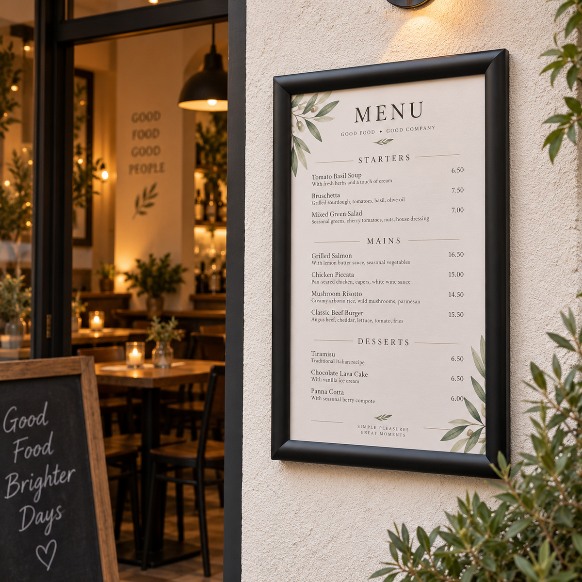 DIN A4 Klapprahmen Aluminium Schwarz als Menurahmen im Restaurant