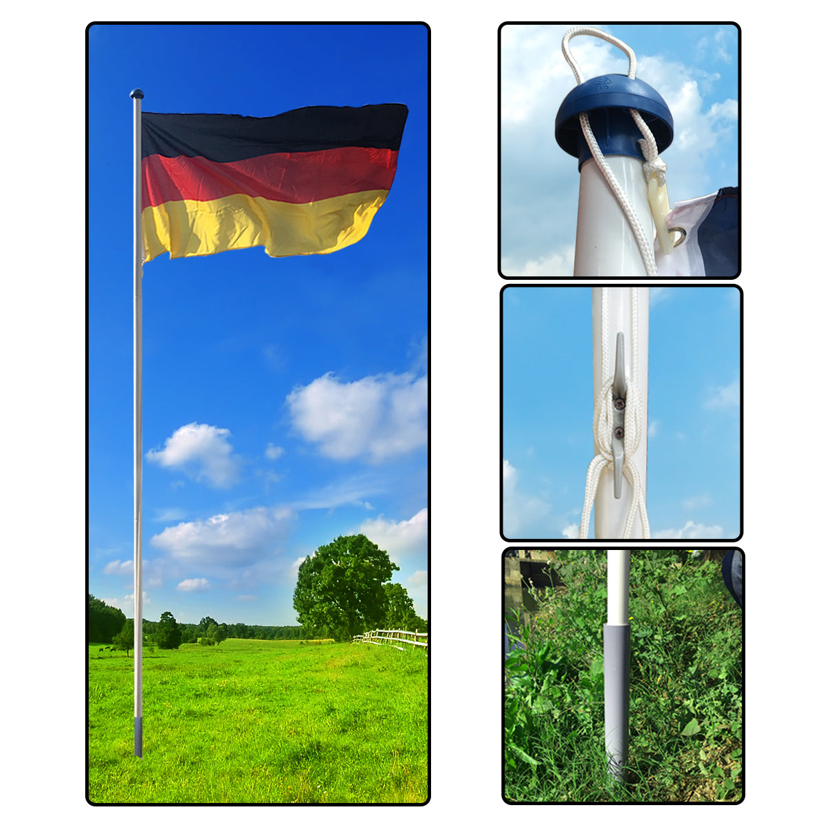 Aluminium Fahnenmast 6,5 m mit Deutschlandflagge inkl. Bodenhülse, Seilzug und Zubehör