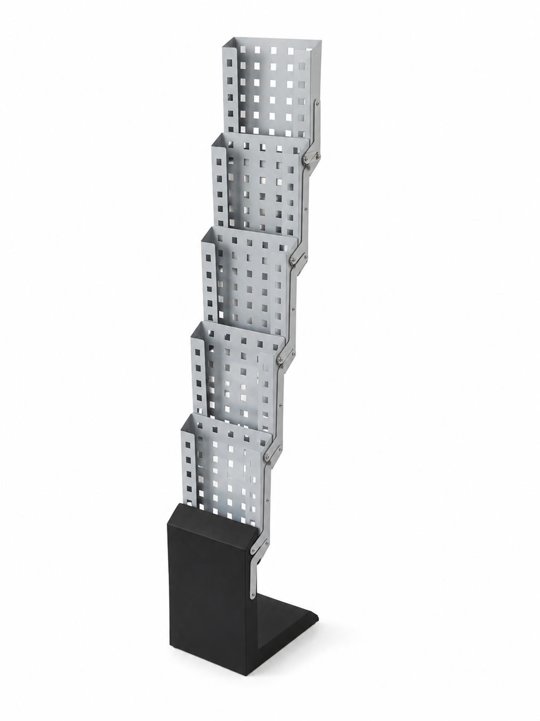 BGF Faltbarer Prospektständer A4, grau – 5 Fächer, Höhe 140 cm, mit Lochdesign, inkl. Tragetasche