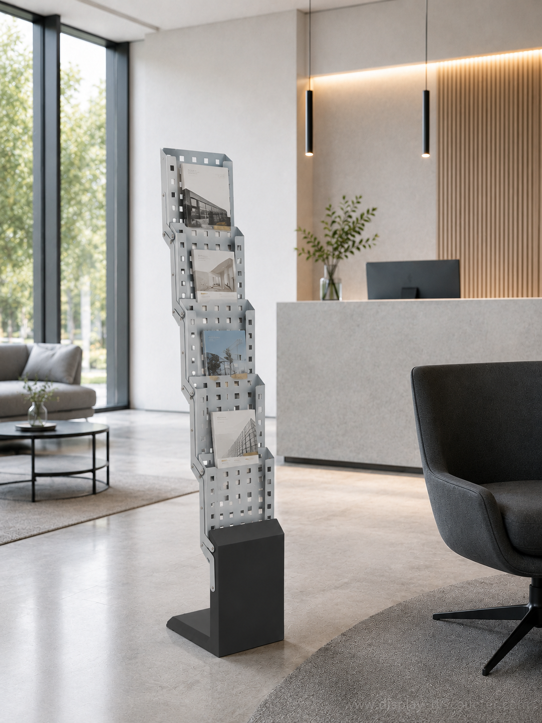 BGF Faltbarer Prospektständer A4, grau – 5 Fächer, Höhe 140 cm, mit Lochdesign, inkl. Tragetasche