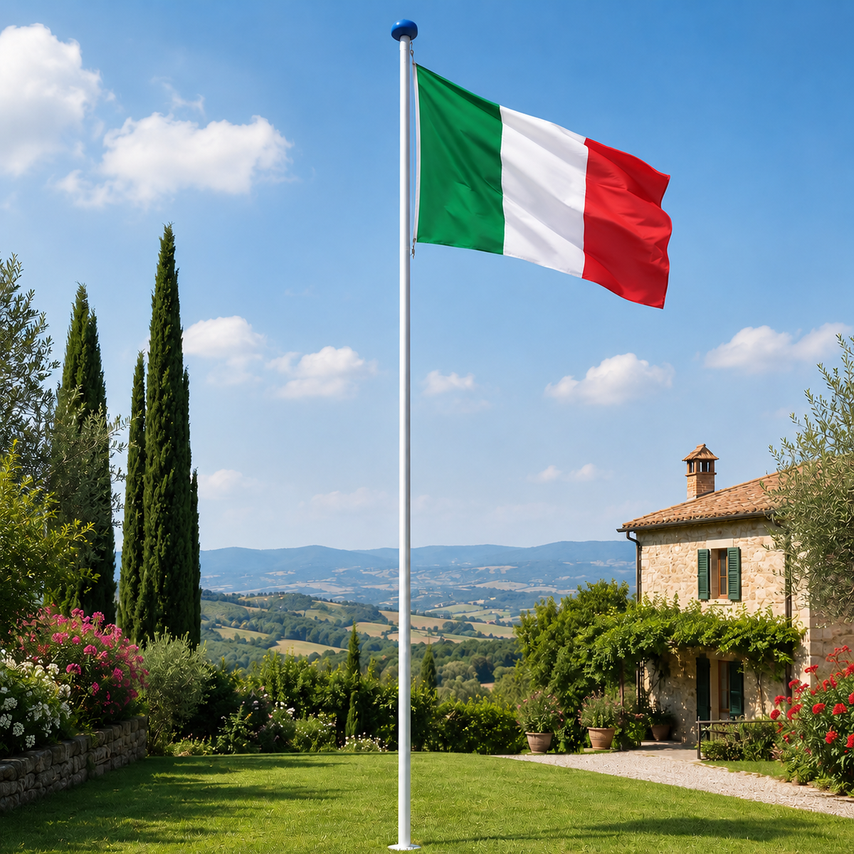 Aluminium Fahnenmast 6,5 m mit Italienflagge inkl. Bodenhülse, Seilzug und Zubehör