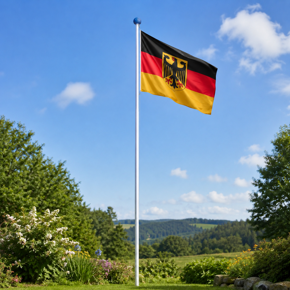 Aluminium Fahnenmast 6,5 m mit Deutschland Adlerflagge inkl. Bodenhülse, Seilzug und Zubehör
