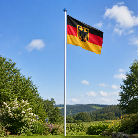 Aluminium Fahnenmast 6,5 m mit Deutschland Adlerflagge inkl. Bodenhülse, Seilzug und Zubehör