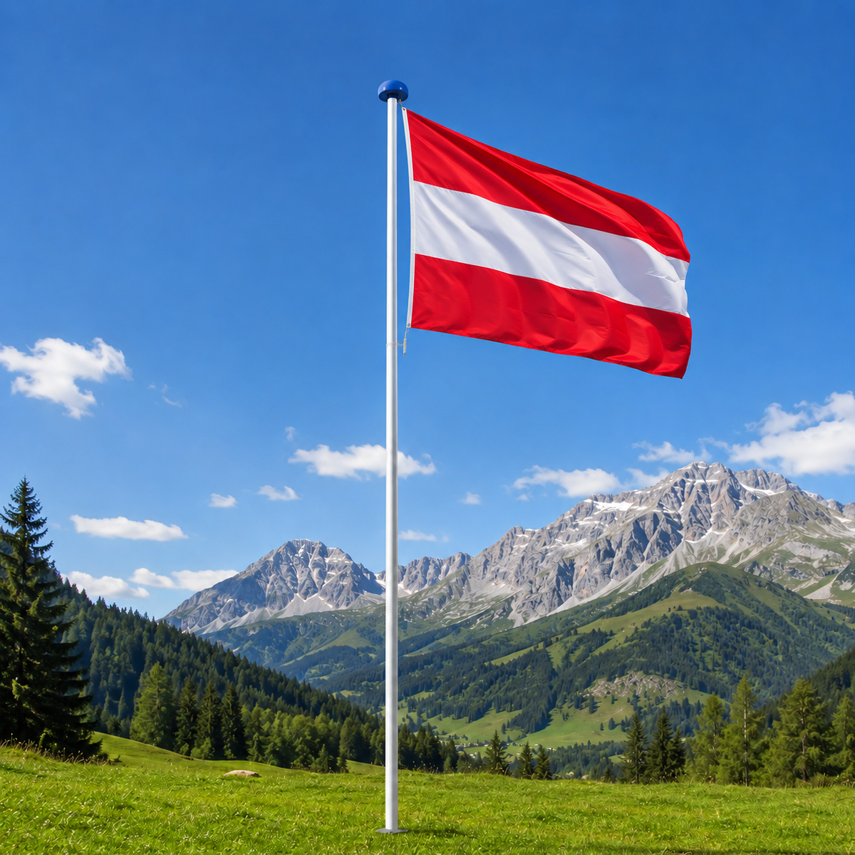 Aluminium Fahnenmast 6,5 m mit Österreichflagge inkl. Bodenhülse, Seilzug und Zubehör