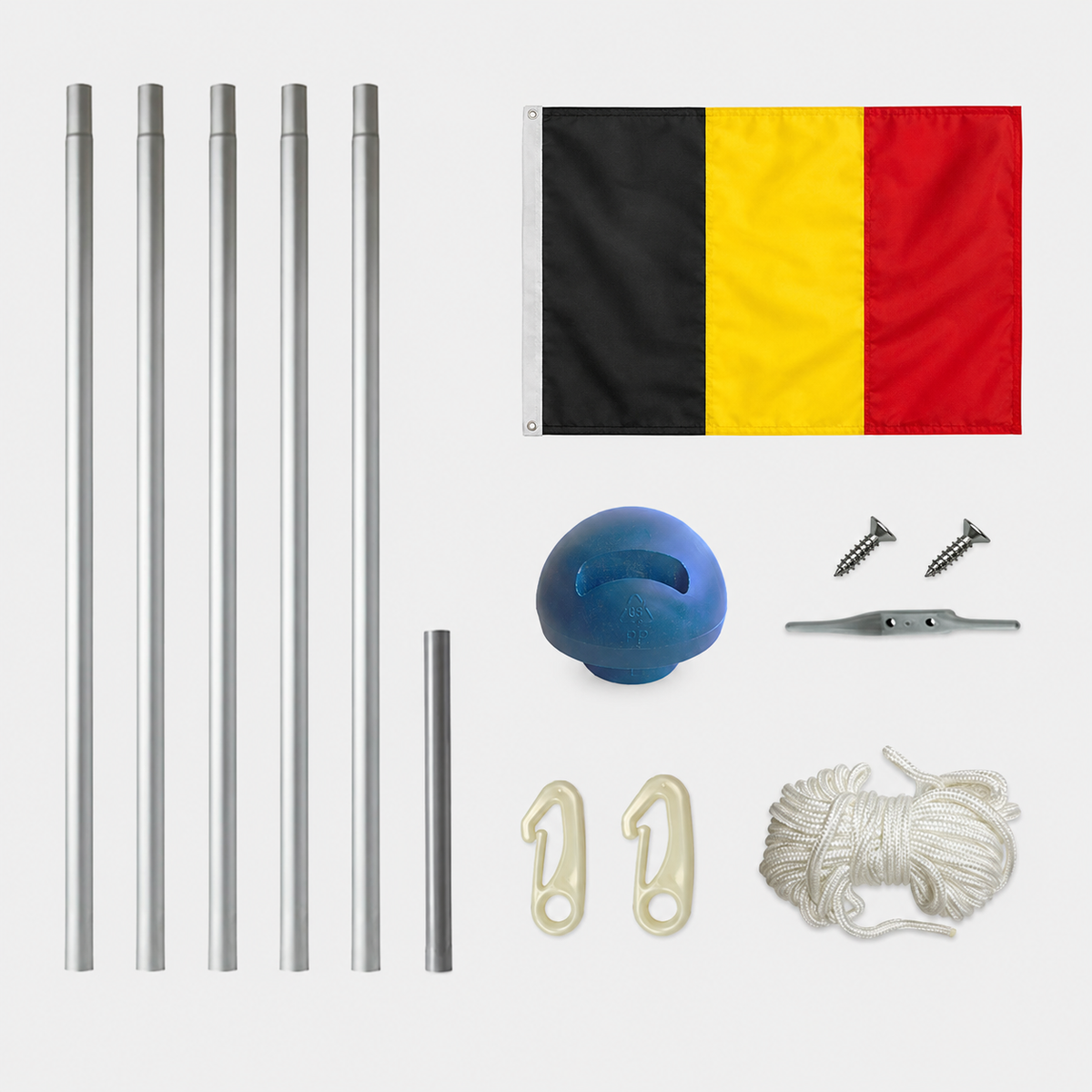 Aluminium Fahnenmast 6,5 m mit Belgienflagge inkl. Bodenhülse, Seilzug und Zubehör