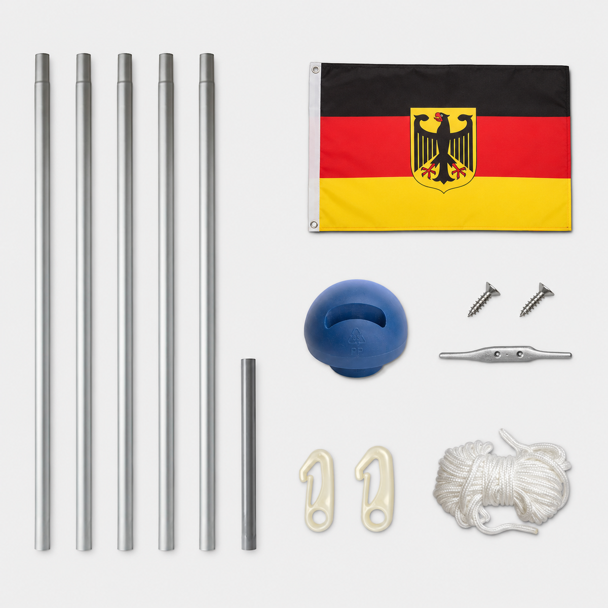 Aluminium Fahnenmast 6,5 m mit Deutschland Adlerflagge inkl. Bodenhülse, Seilzug und Zubehör