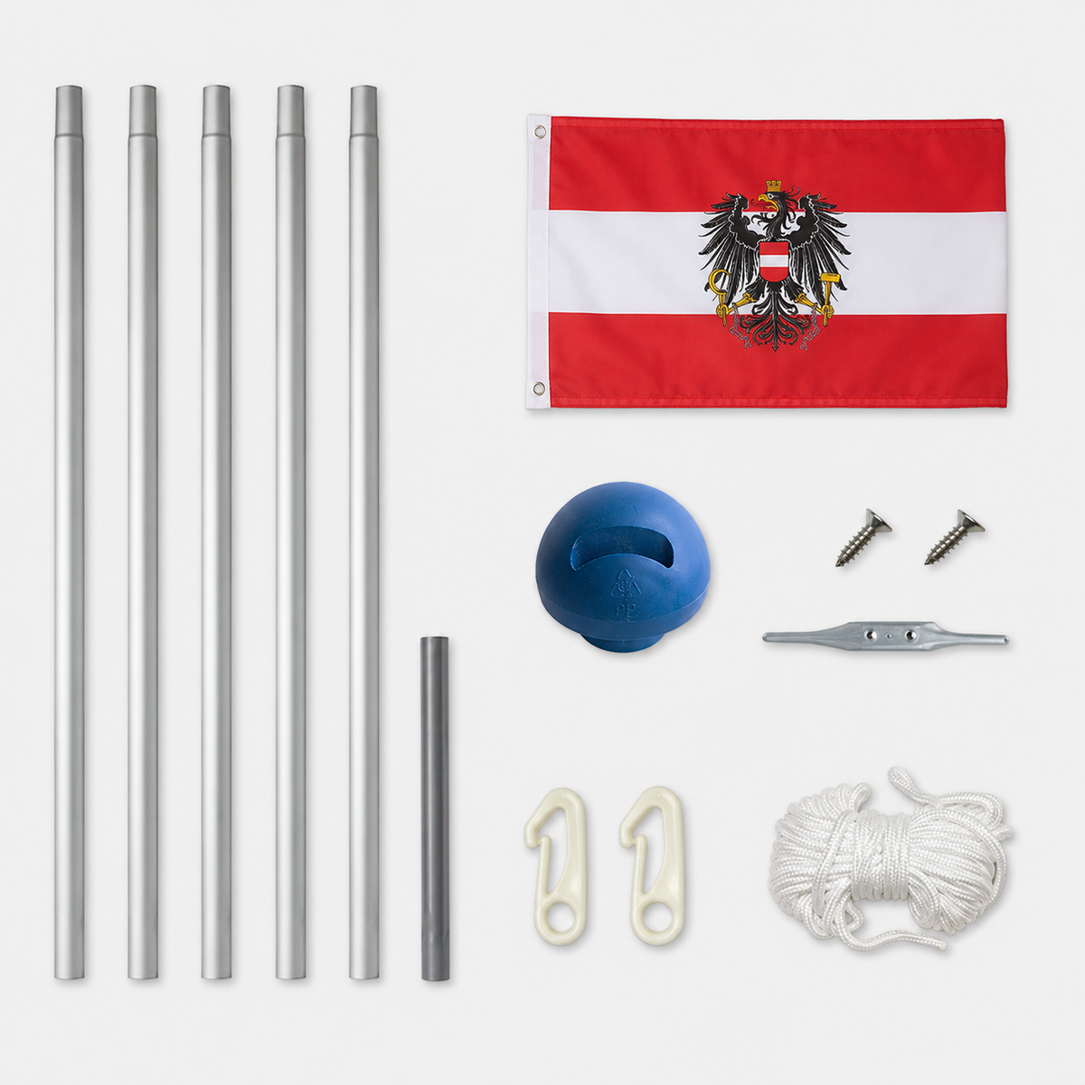 Aluminium Fahnenmast 6,5 m mit Österreich Adlerflagge inkl. Bodenhülse, Seilzug und Zubehör