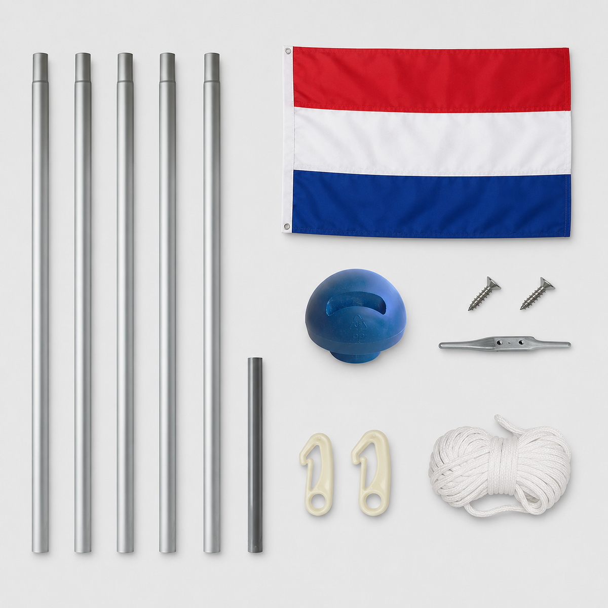 Aluminium Fahnenmast 6,5 m mit Niederlandeflagge inkl. Bodenhülse, Seilzug und Zubehör