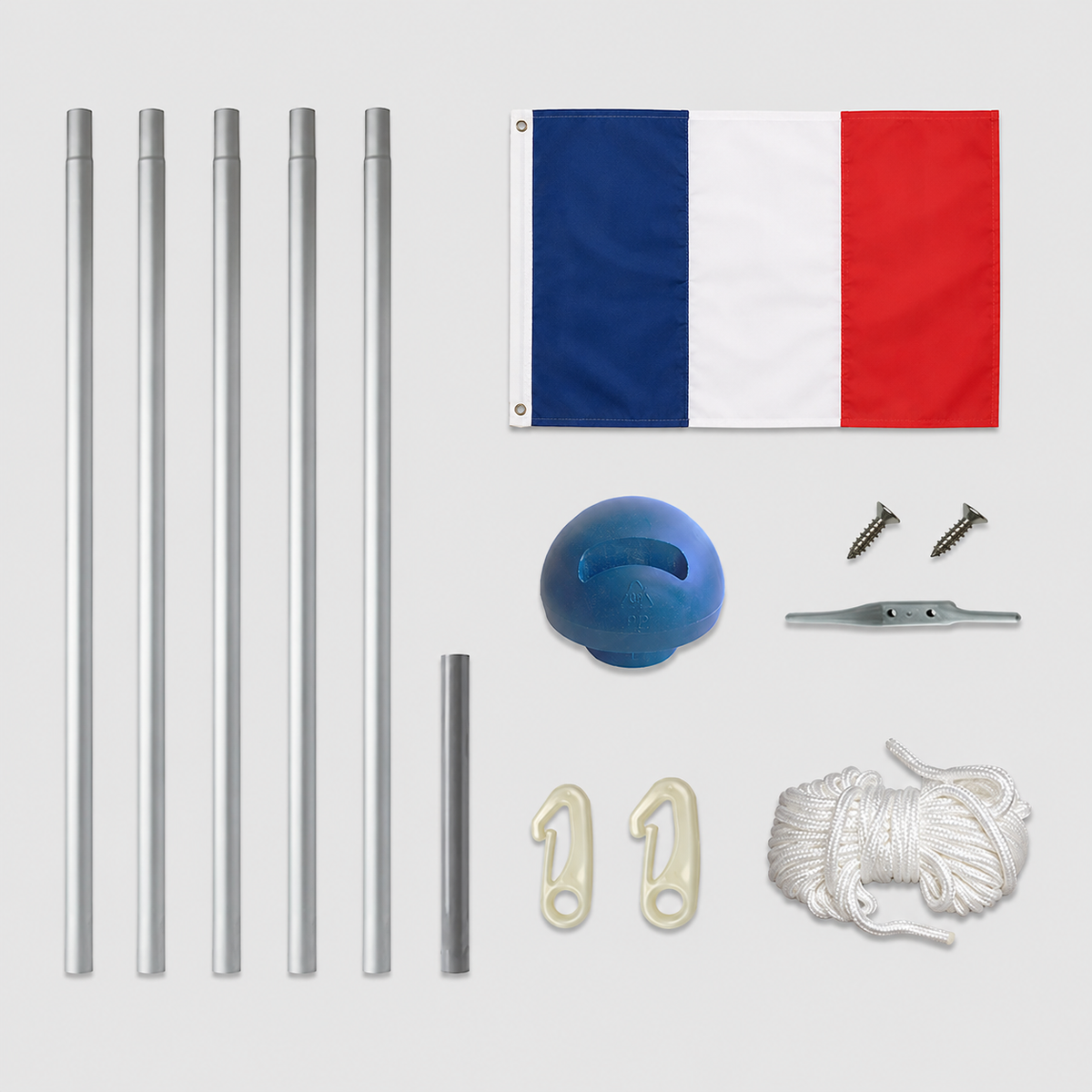 Aluminium Fahnenmast 6,5 m mit Frankreichflagge inkl. Bodenhülse, Seilzug und Zubehör