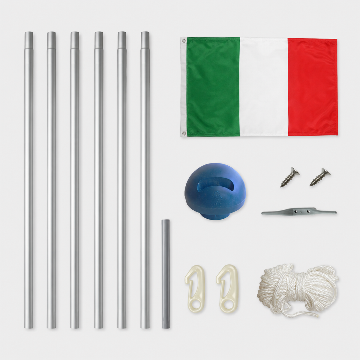 Aluminium Fahnenmast 6,5 m mit Italienflagge inkl. Bodenhülse, Seilzug und Zubehör