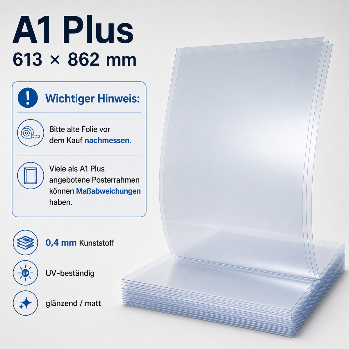 A1 Plus Ersatzfolie für Posterrahmen und Kundenstopper, 613 × 862 mm – 0,4 mm Kunststoff, UV-beständig