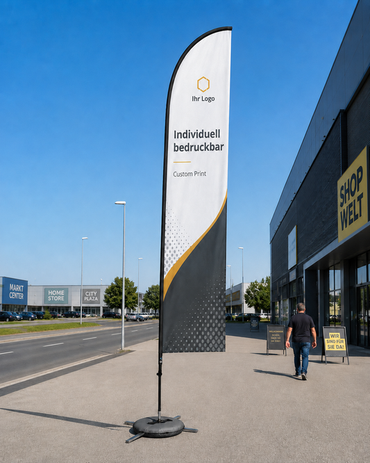 Beachflag Federform 400cm – individuell bedruckbar, ideal für Messe & Innenbereich