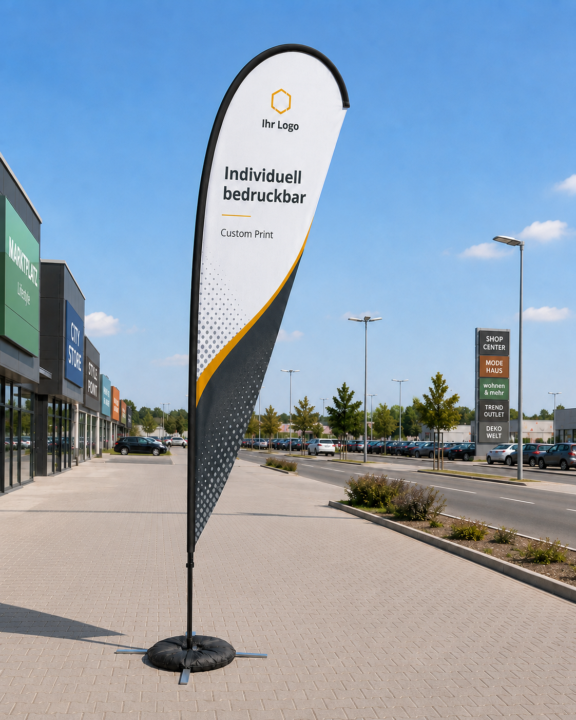 Beachflag Tropfenform 360cm – individuell bedruckbar, ideal für Messe & Innenbereich