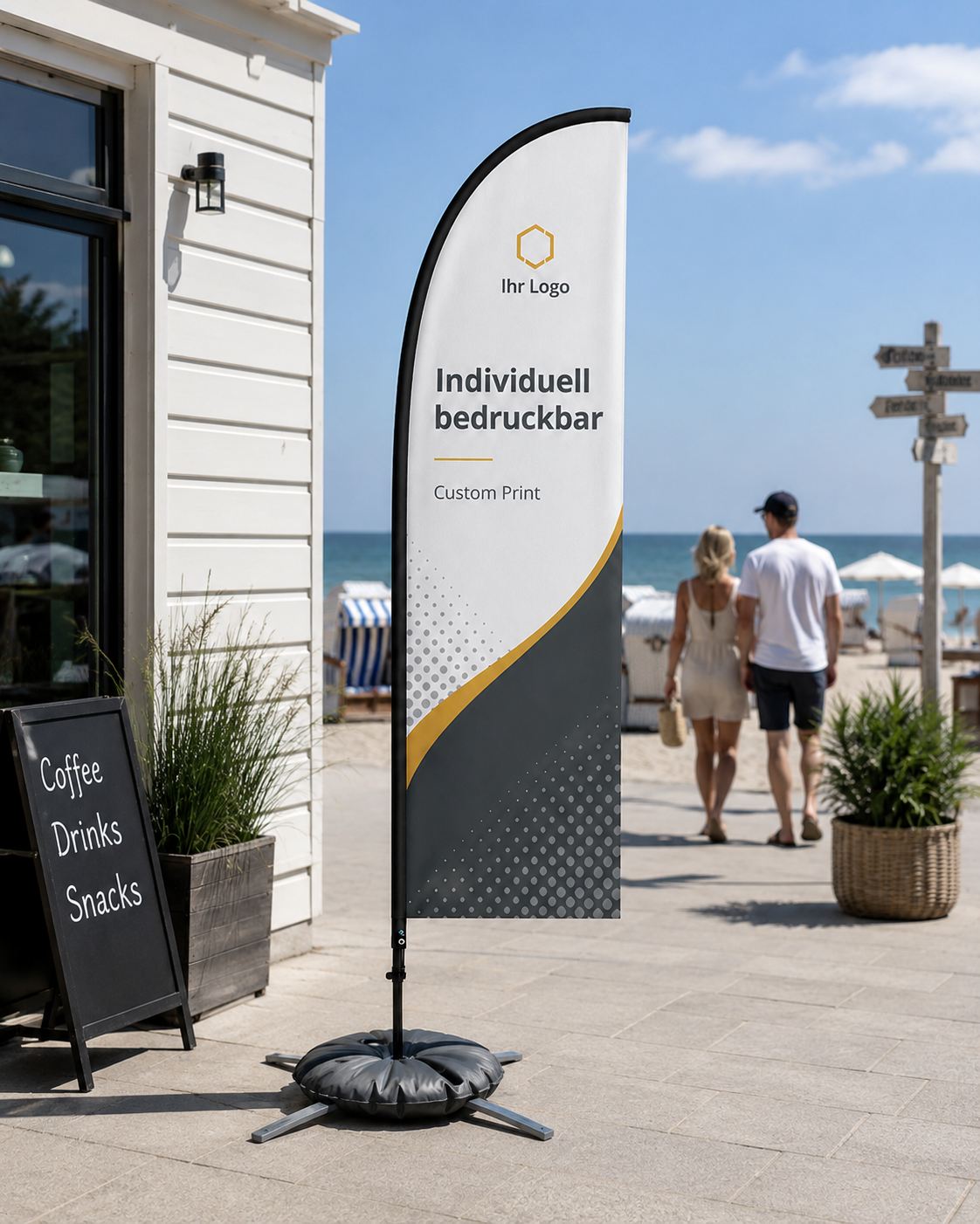 Beachflag Federform 300cm – individuell bedruckbar, ideal für Messe & Innenbereich