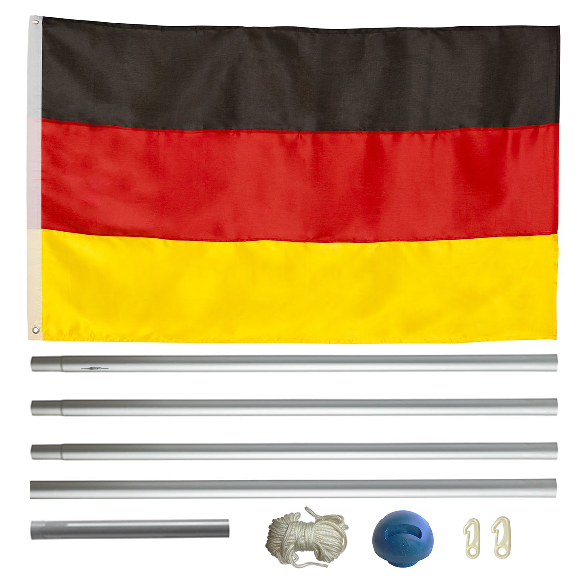 Aluminium Fahnenmast 6,5 m mit Deutschlandflagge inkl. Bodenhülse, Seilzug und Zubehör