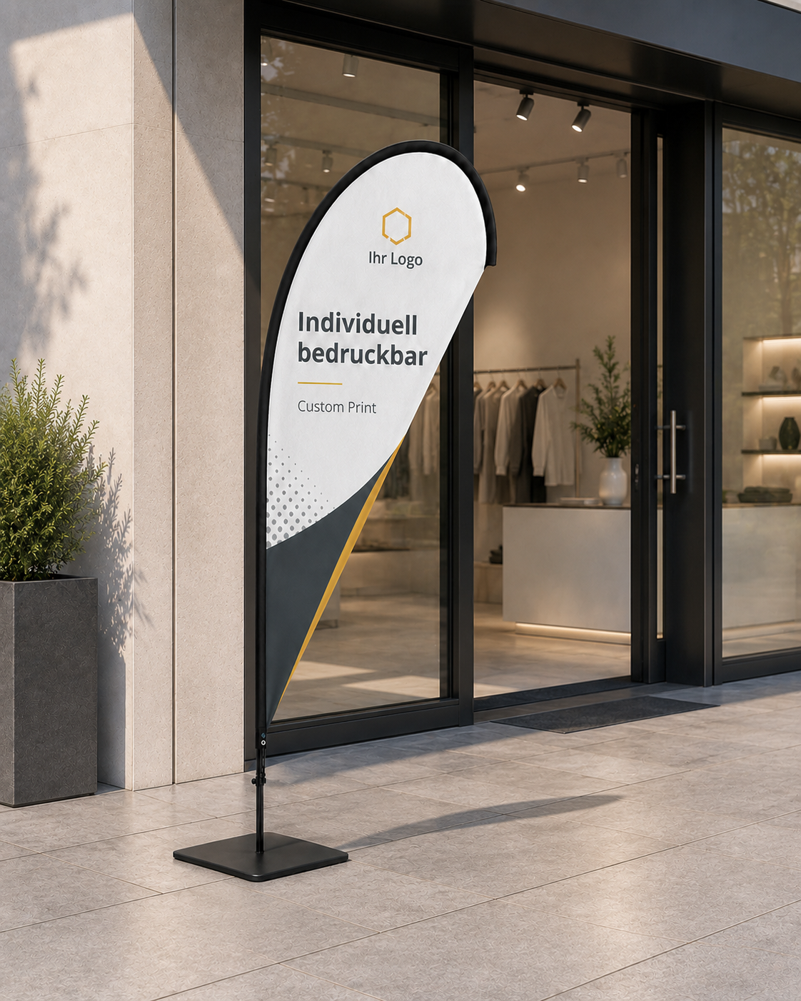 Beachflag Tropfenform 210 cm – individuell bedruckbar, ideal für Messe & Innenbereich