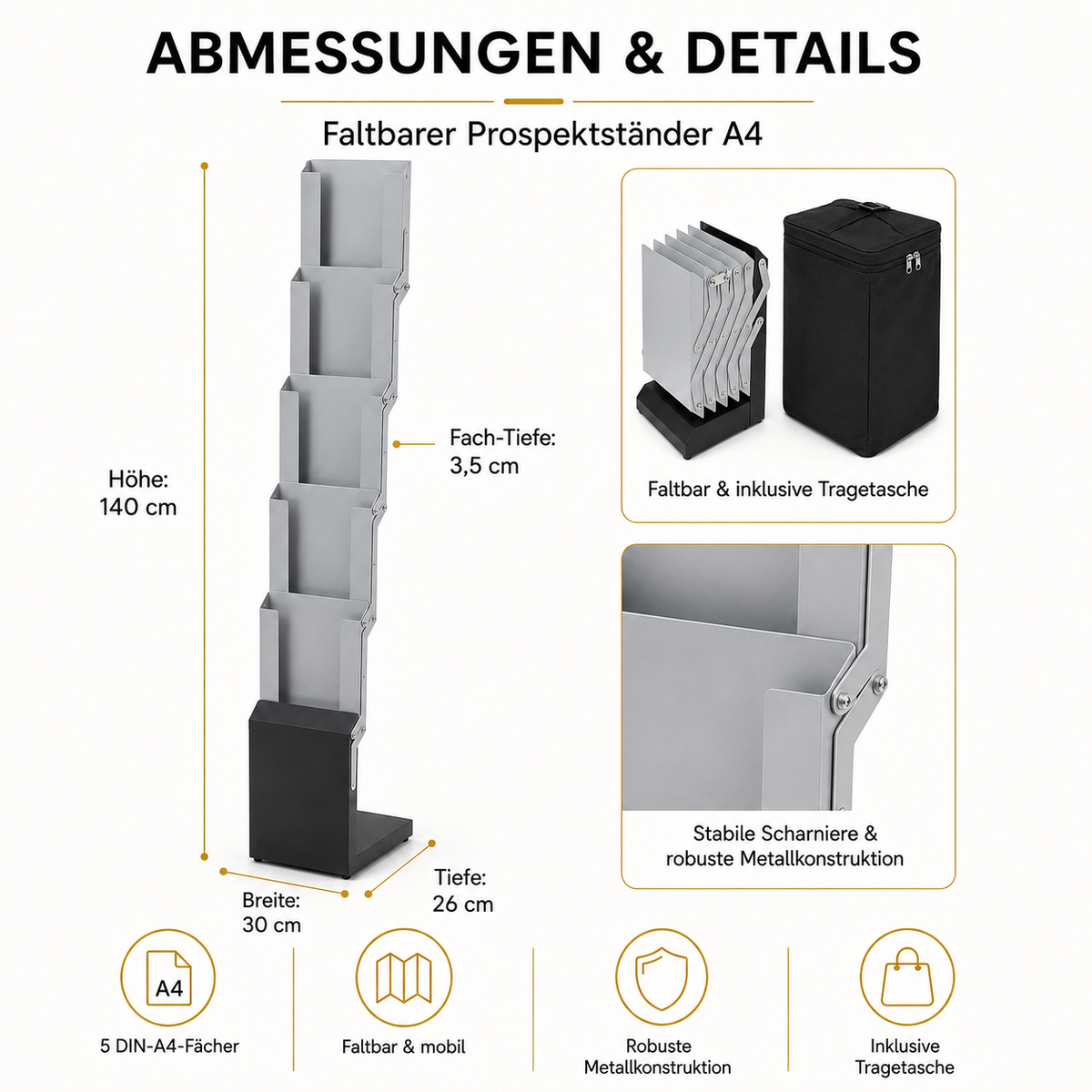 Porte-brochures A4 pliable en métal avec dos lisse, 5 compartiments