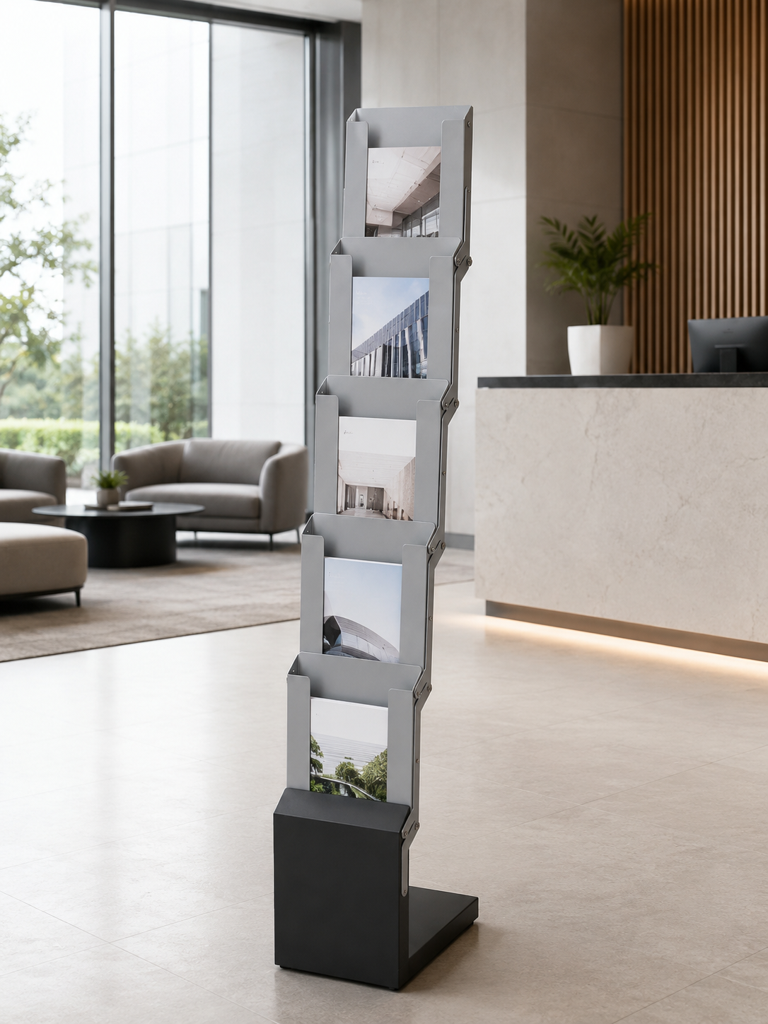 Porte-brochures A4 pliable en métal avec dos lisse, 5 compartiments