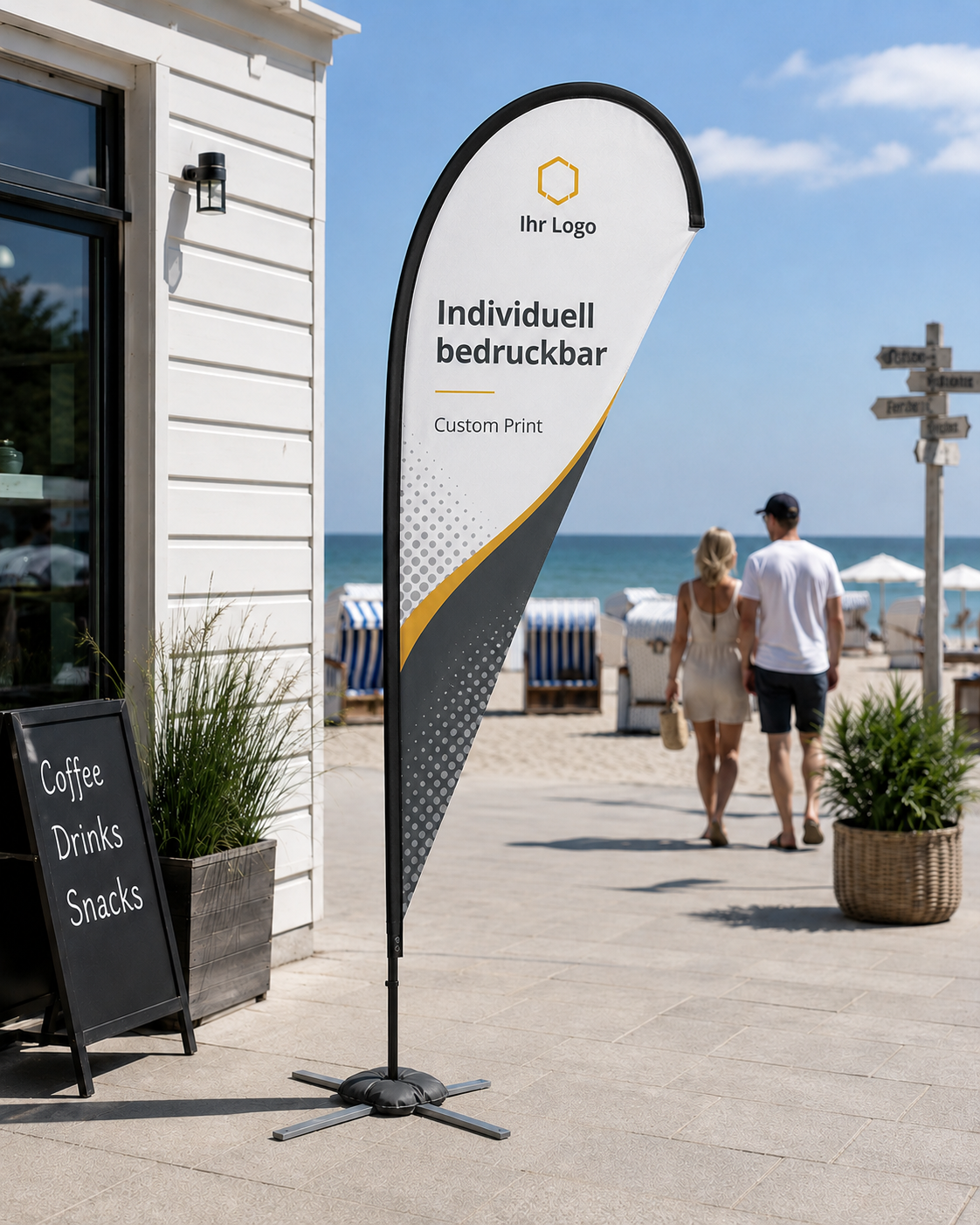 Beachflag Tropfenform 210 cm – individuell bedruckbar, ideal für Messe & Innenbereich