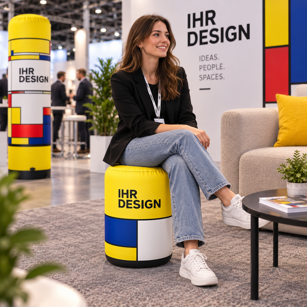 Aufblasbarer Werbehocker Ø 35 x H 57 cm als Sitzhocker auf einer Messe