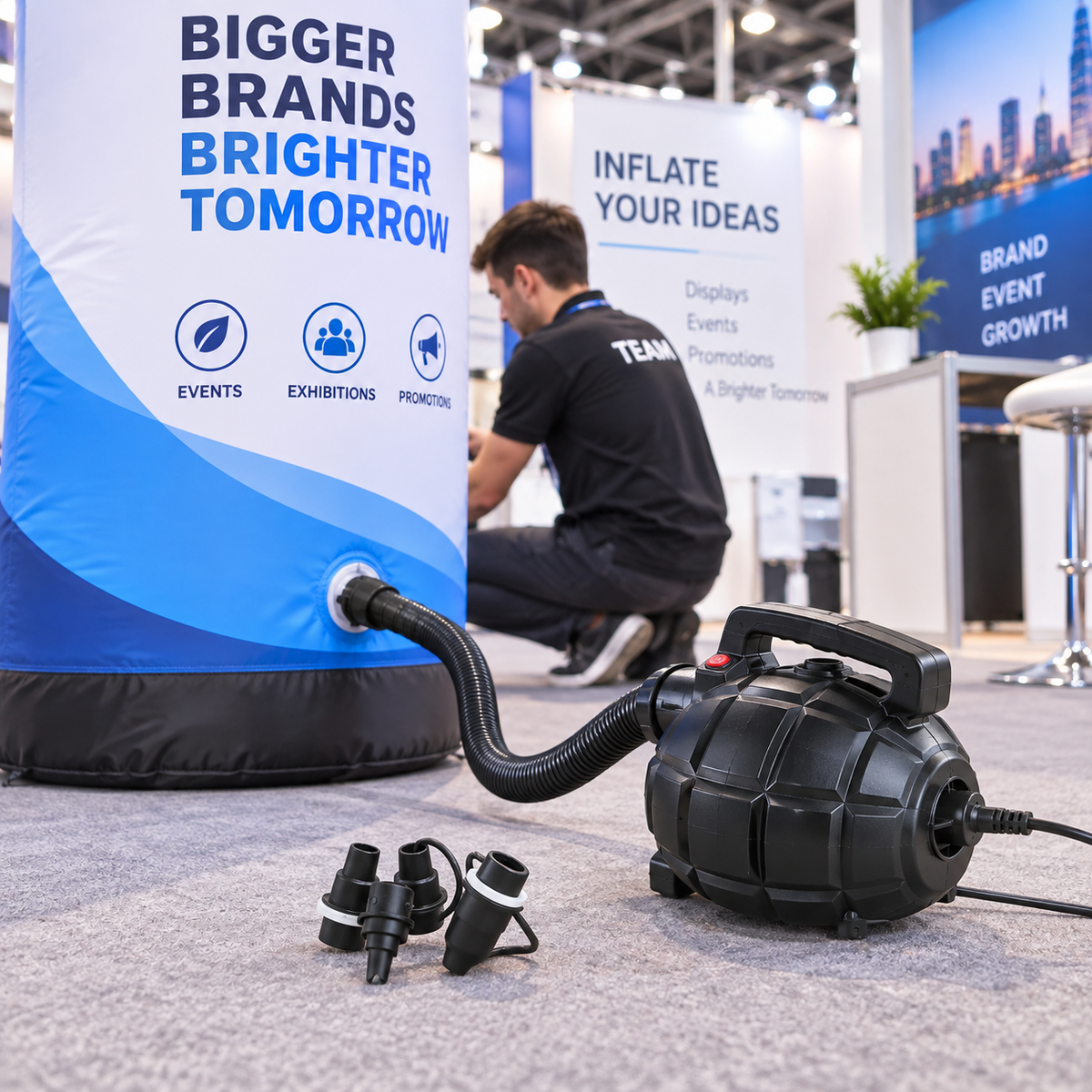 Elektrische Luftpumpe 600 W beim Aufblasen eines Werbedisplays