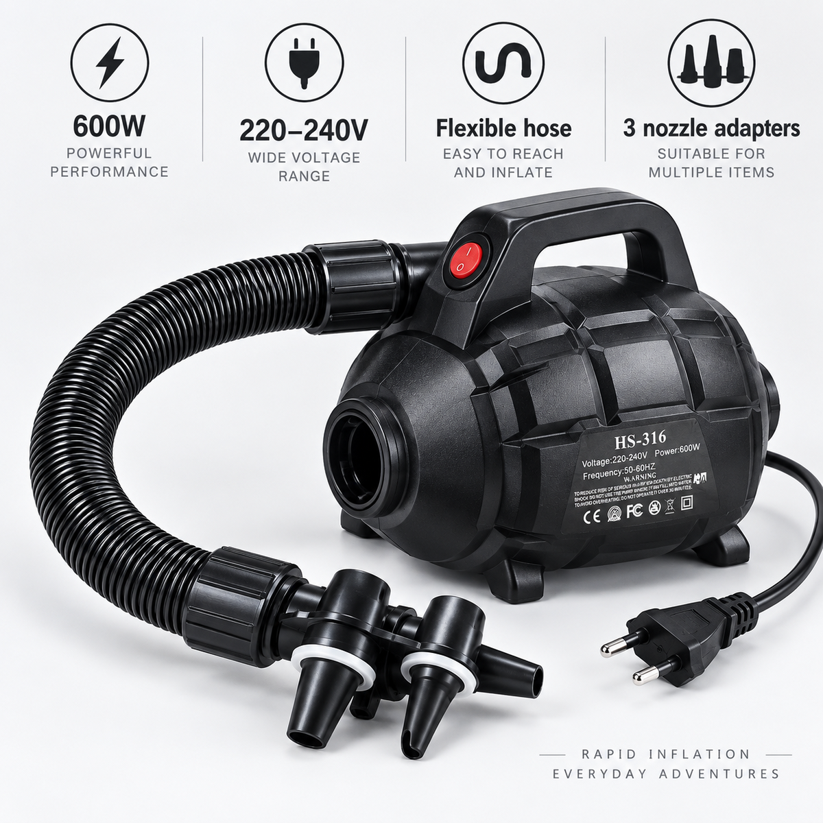 Elektrische Luftpumpe 600 W 220–240 V mit flexiblem Schlauch und Düsenadaptern