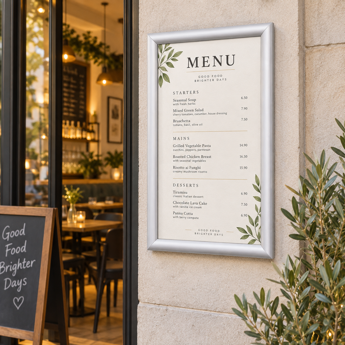 DIN A4 Klapprahmen Aluminium Silber als Menurahmen im Restaurant